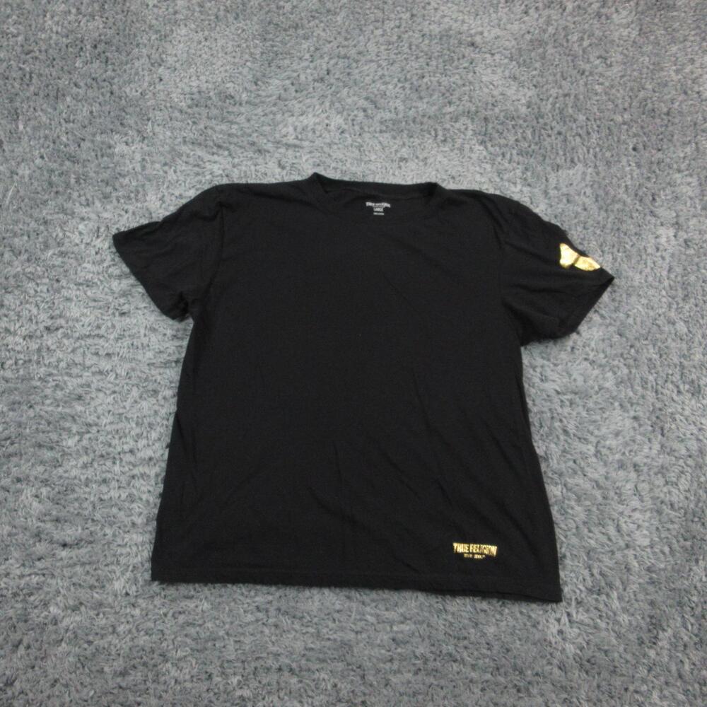 True Religion Shirt Mens Large Black Gold Foil Horseshoe Logo Graphic Cotton